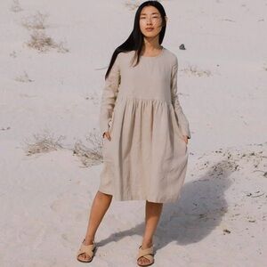 Not Perfect Linen Beige Midi Emilie Loose Linen Dress M/L